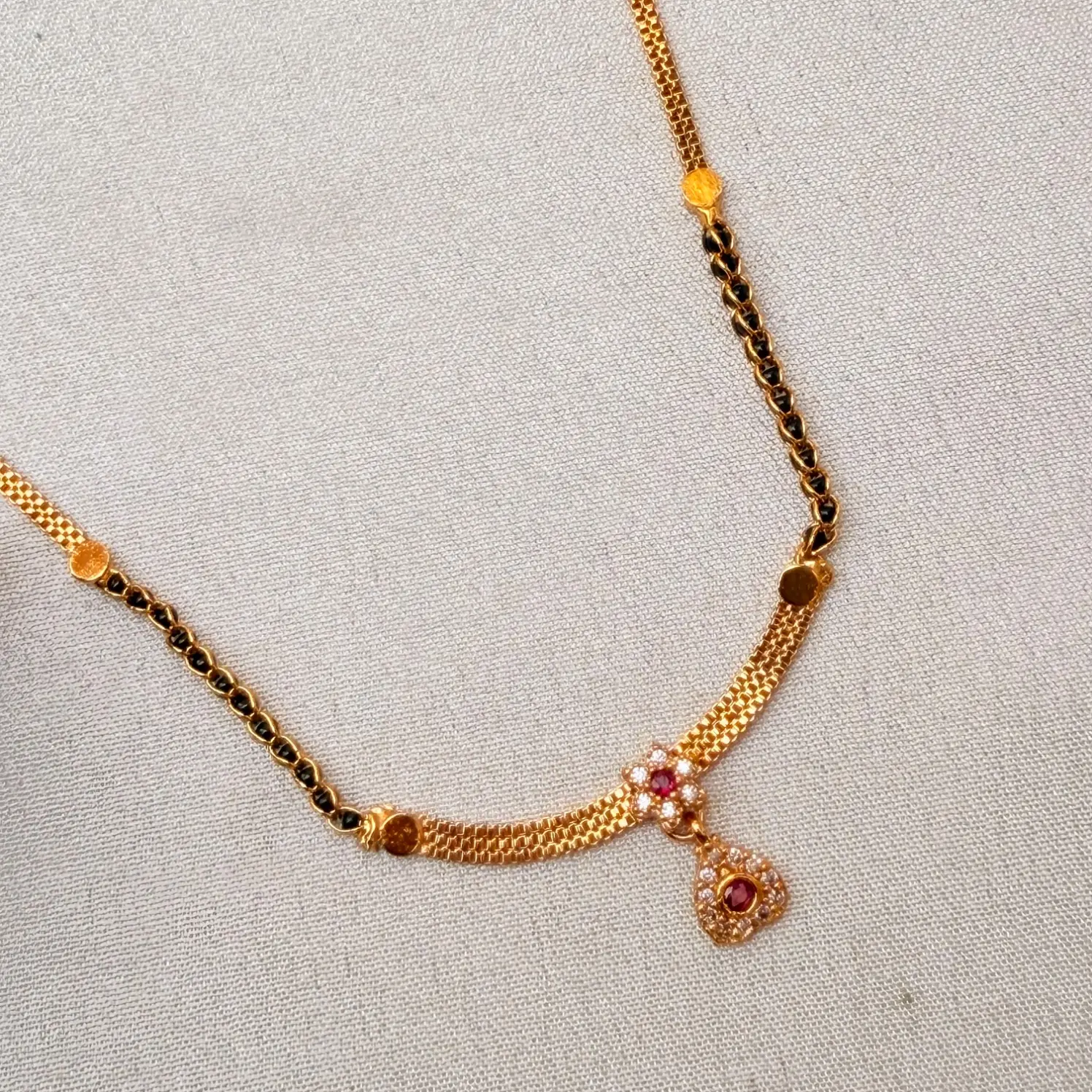 Gold Mesh Chain & Black Bead Ruby Pendant Mangalsutra