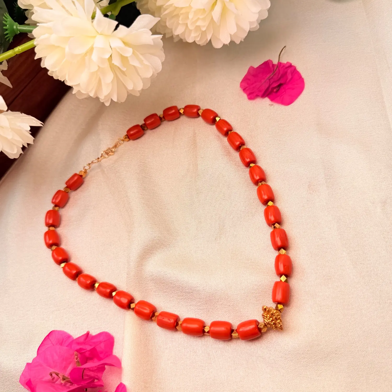 Traditional Red Coral Barrel Bead Chain with Gold Spacers