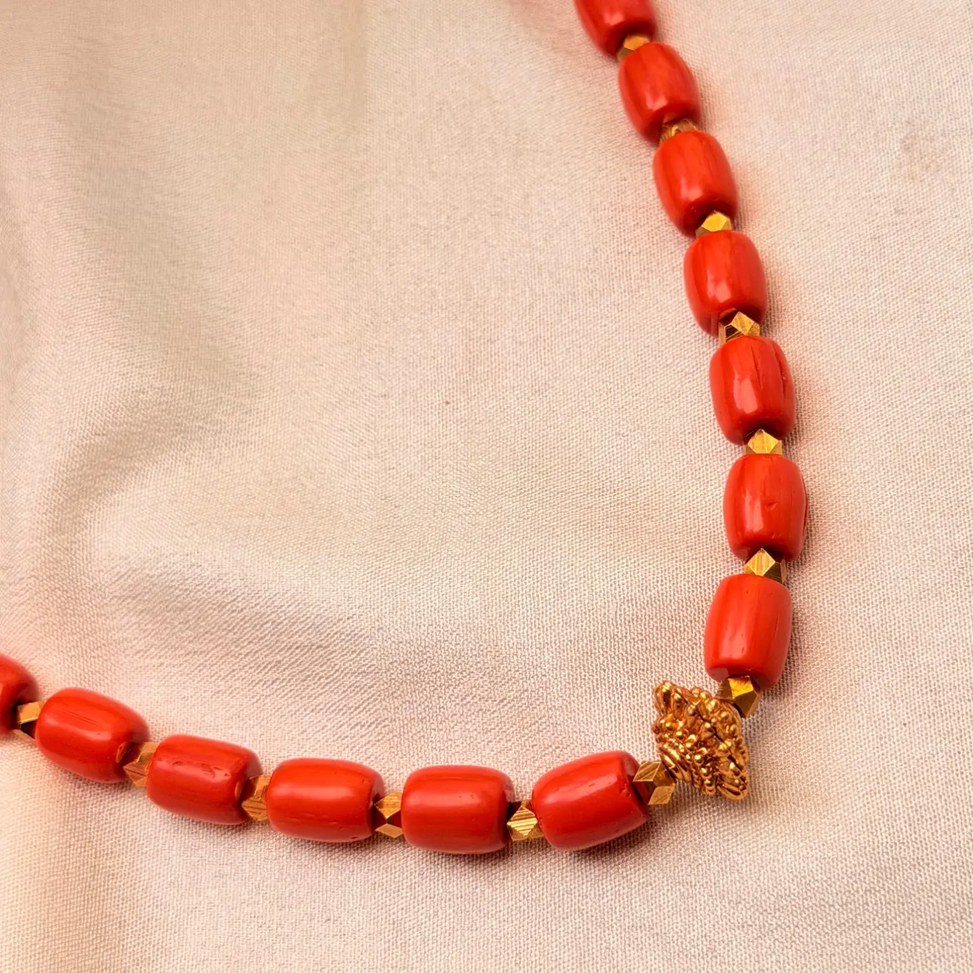 Traditional Red Coral Barrel Bead Chain with Gold Spacers