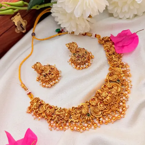 Antique Gold Nakshi Goddess Lakshmi & Peacock Temple Choker Set SJSN061