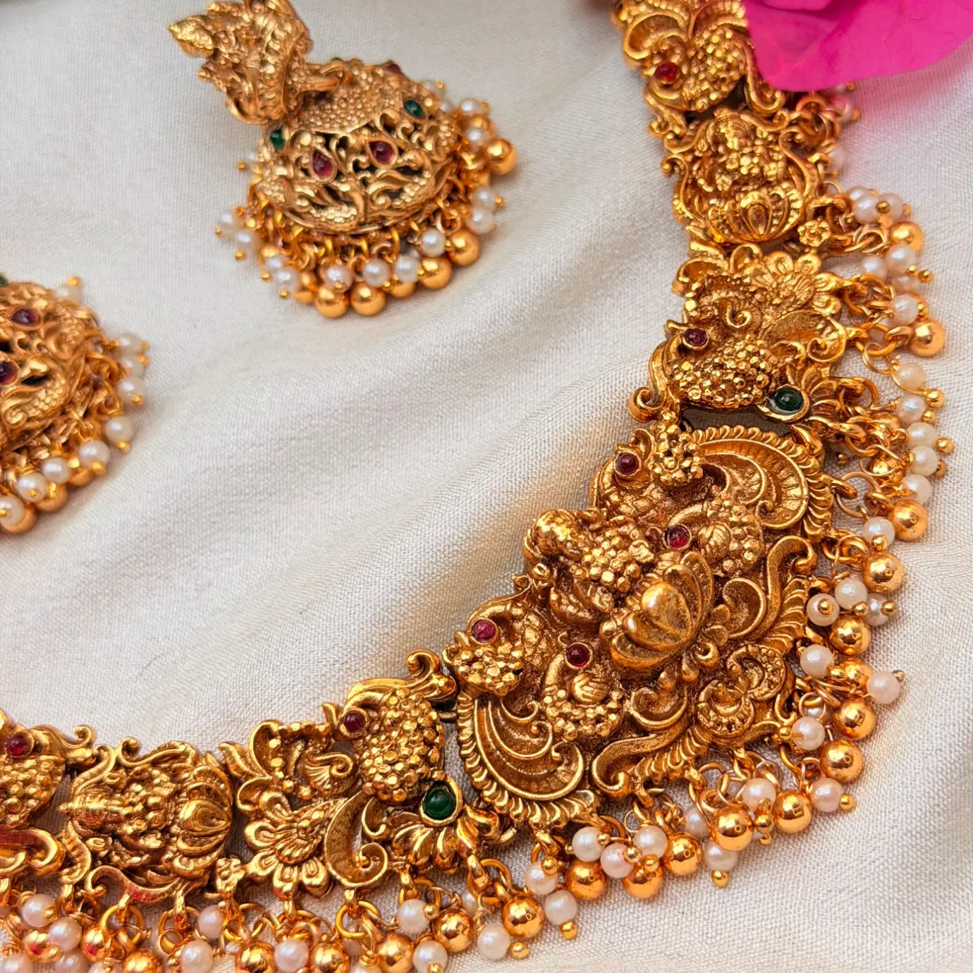 Antique Gold Nakshi Goddess Lakshmi & Peacock Temple Choker Set SJSN061