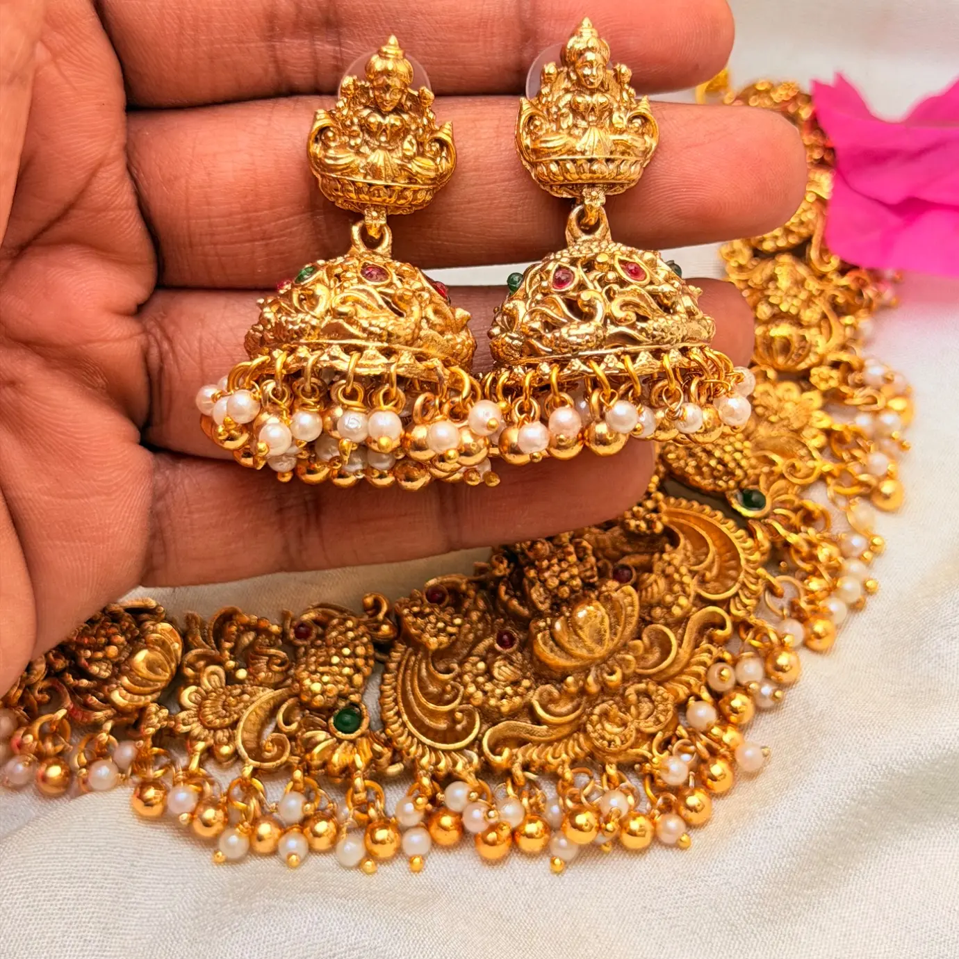 Antique Gold Nakshi Goddess Lakshmi & Peacock Temple Choker Set SJSN061
