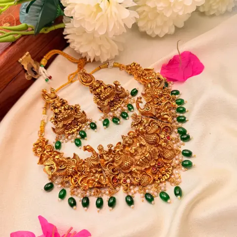 Antique Gold Nakshi Goddess Lakshmi & Peacock Bridal Choker Set SJSN064