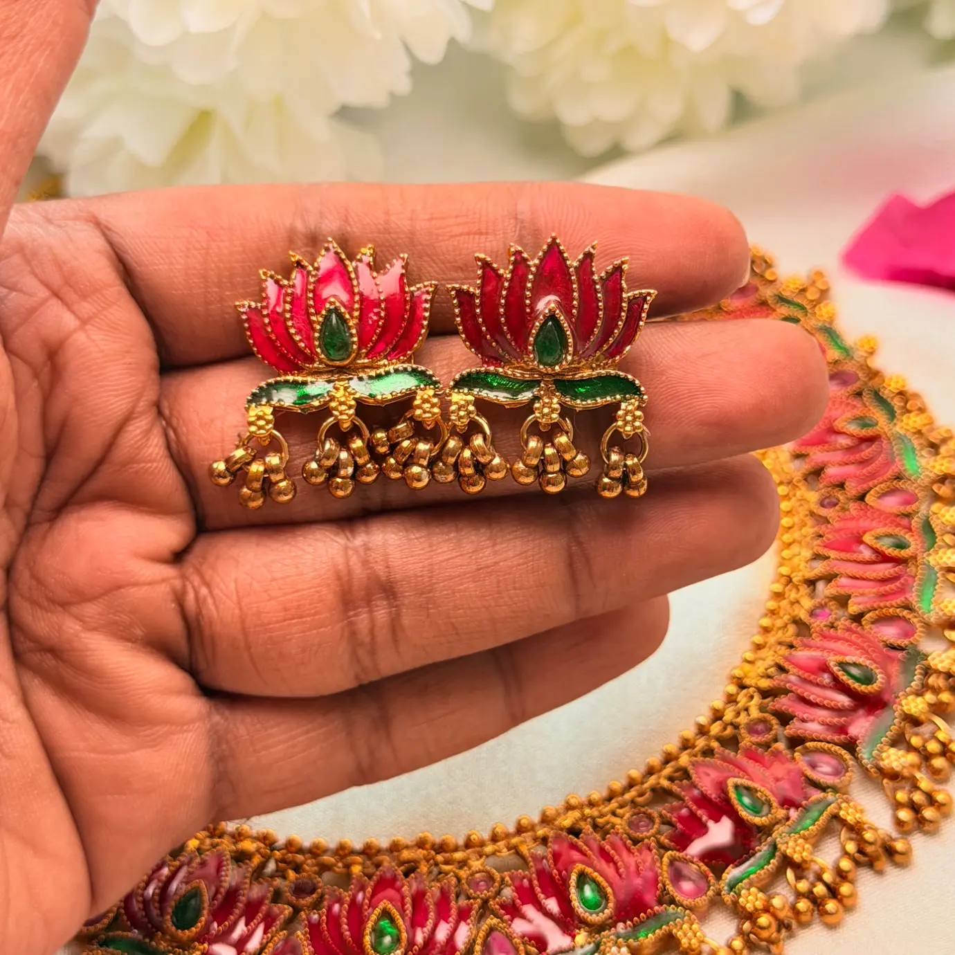 Antique Gold Lotus Meenakari Kemp Choker Set – Enamel Kamal Motifs, Ruby Kemp Stones & Matching Lotus Stud Earrings SJSN065