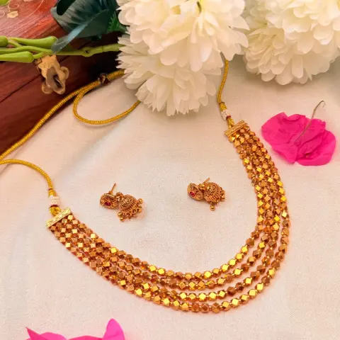 Antique Gold Multi-Tier Ashtapati Mala / Four-Layer Step Bead Necklace with Mini Temple Jhumka Earrings SJSN068