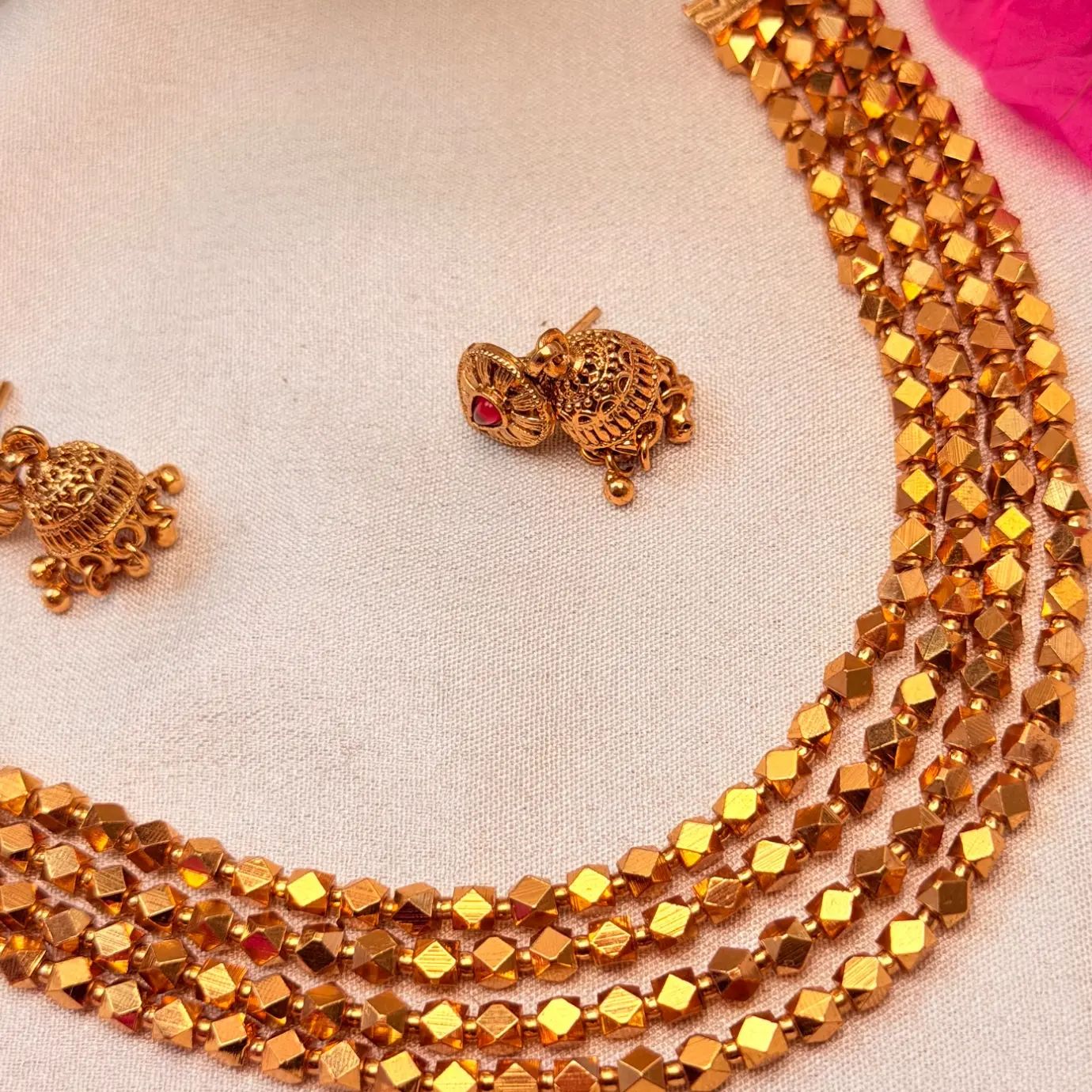 Antique Gold Multi-Tier Ashtapati Mala / Four-Layer Step Bead Necklace with Mini Temple Jhumka Earrings SJSN068