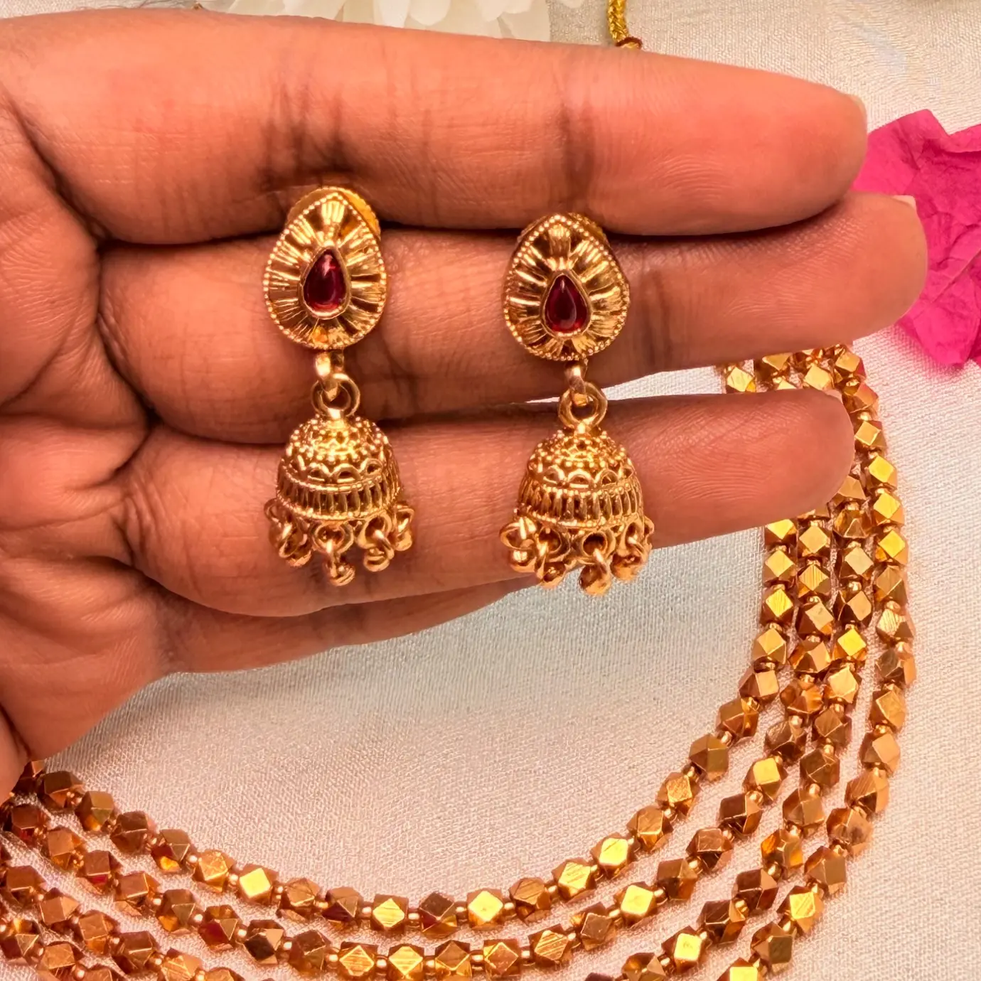 Antique Gold Multi-Tier Ashtapati Mala / Four-Layer Step Bead Necklace with Mini Temple Jhumka Earrings SJSN068