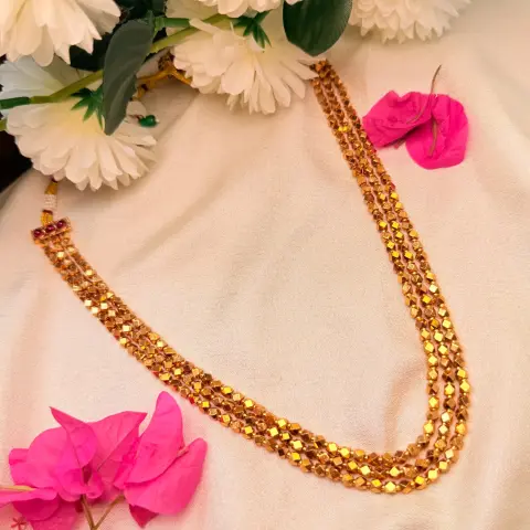 Antique Gold Three-Tier Ashtapati Long Mala / Triple-Layer Step Haram with Kemp End-Caps & Matching Stud Earrings SJMH046