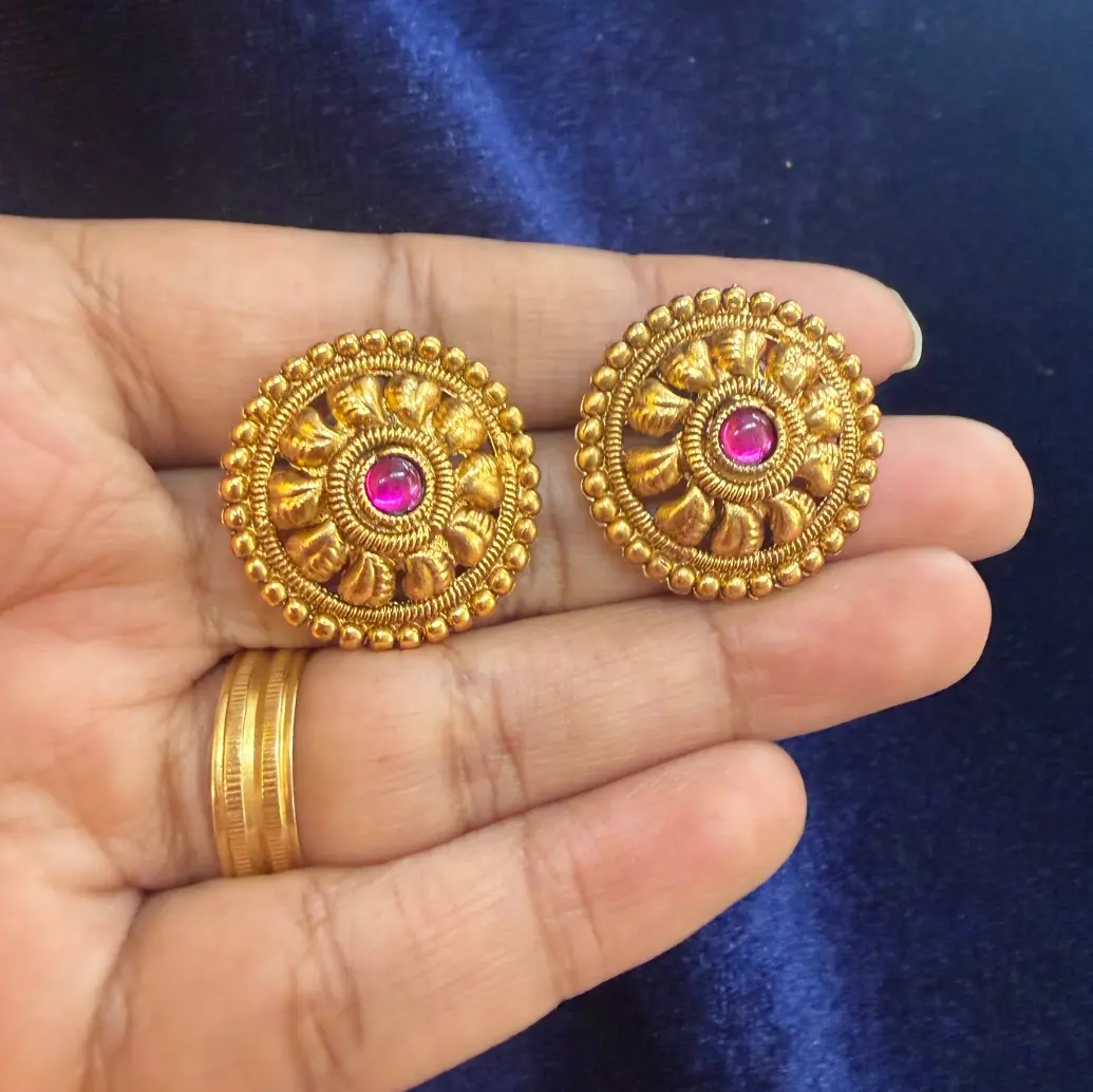 Antique Gold Three-Tier Ashtapati Long Mala / Triple-Layer Step Haram with Kemp End-Caps & Matching Stud Earrings SJMH046