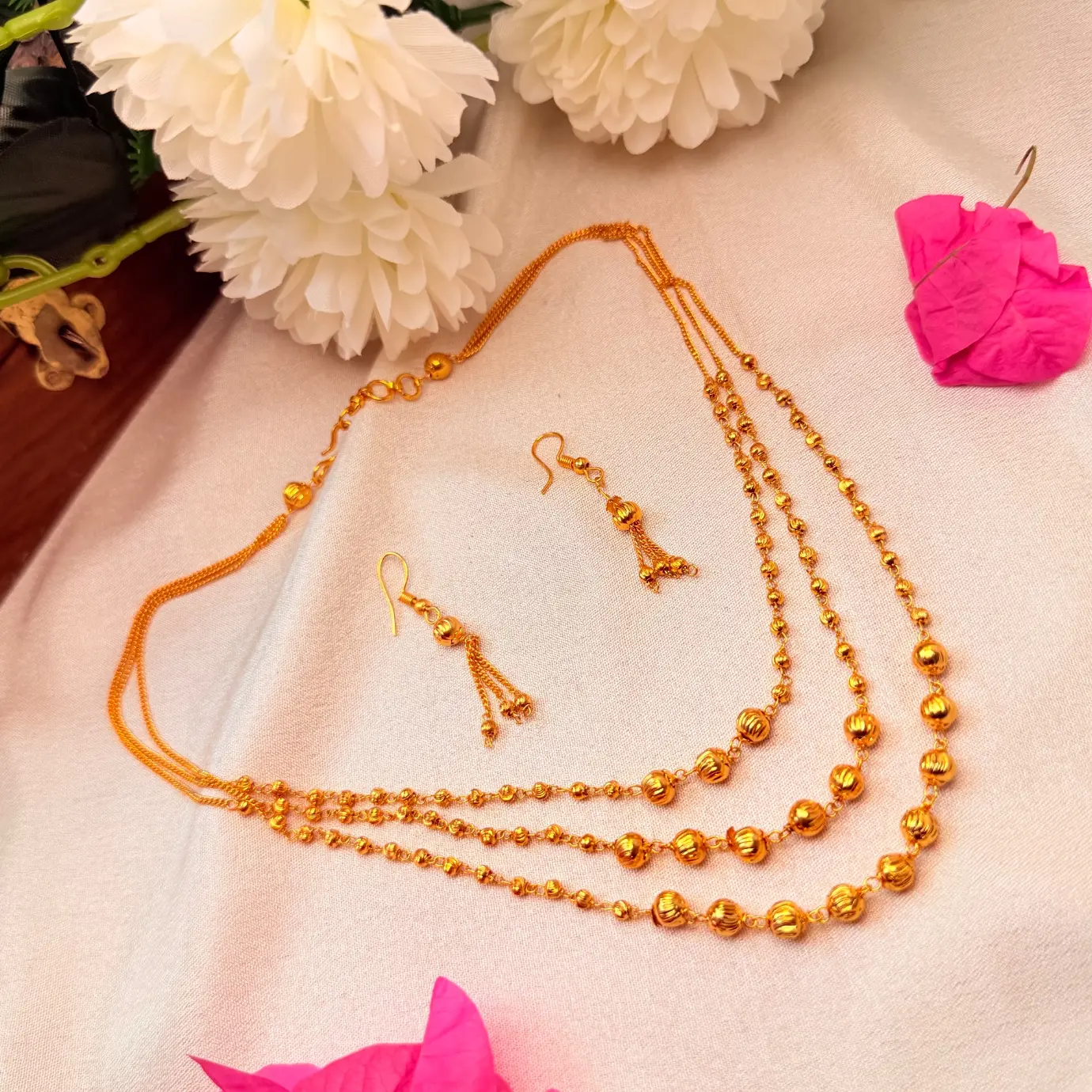 Gold Plated 3-Step Matar Mala / Triple-Layer Ball Chain Long Haram with Dangling Bead Earrings SJMH047