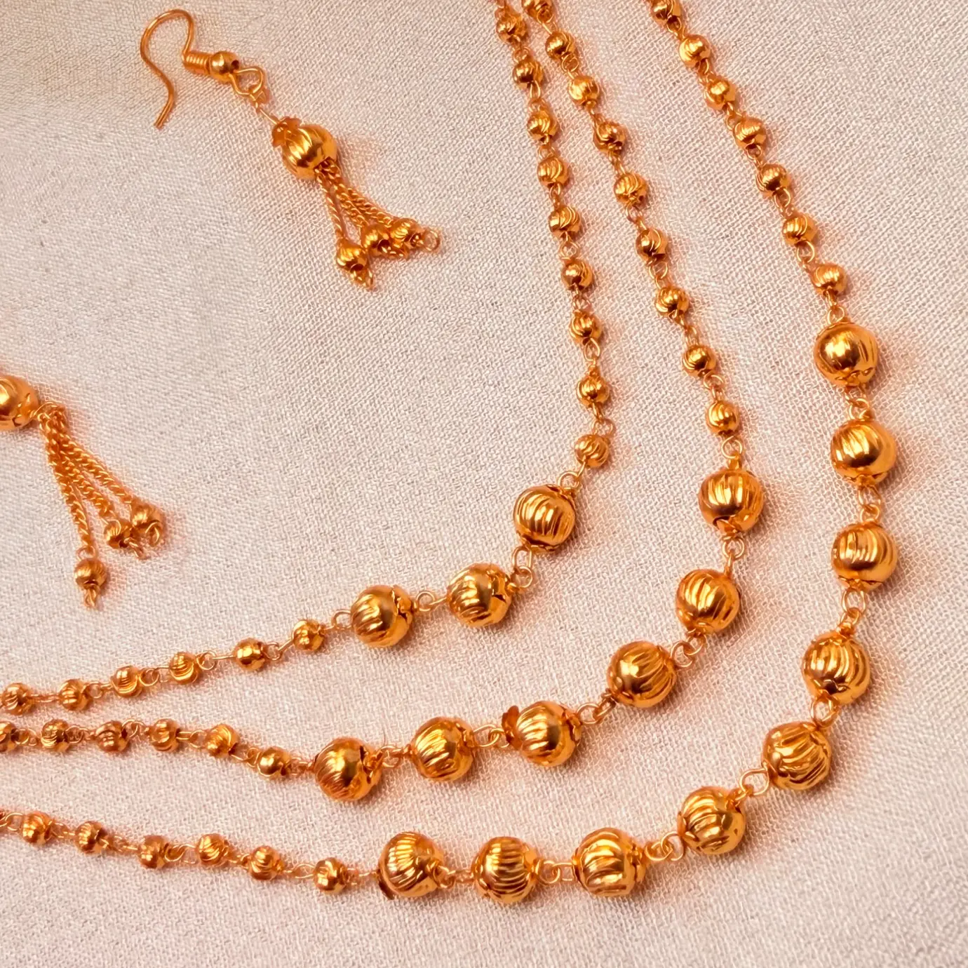 Gold Plated 3-Step Matar Mala / Triple-Layer Ball Chain Long Haram with Dangling Bead Earrings SJMH047