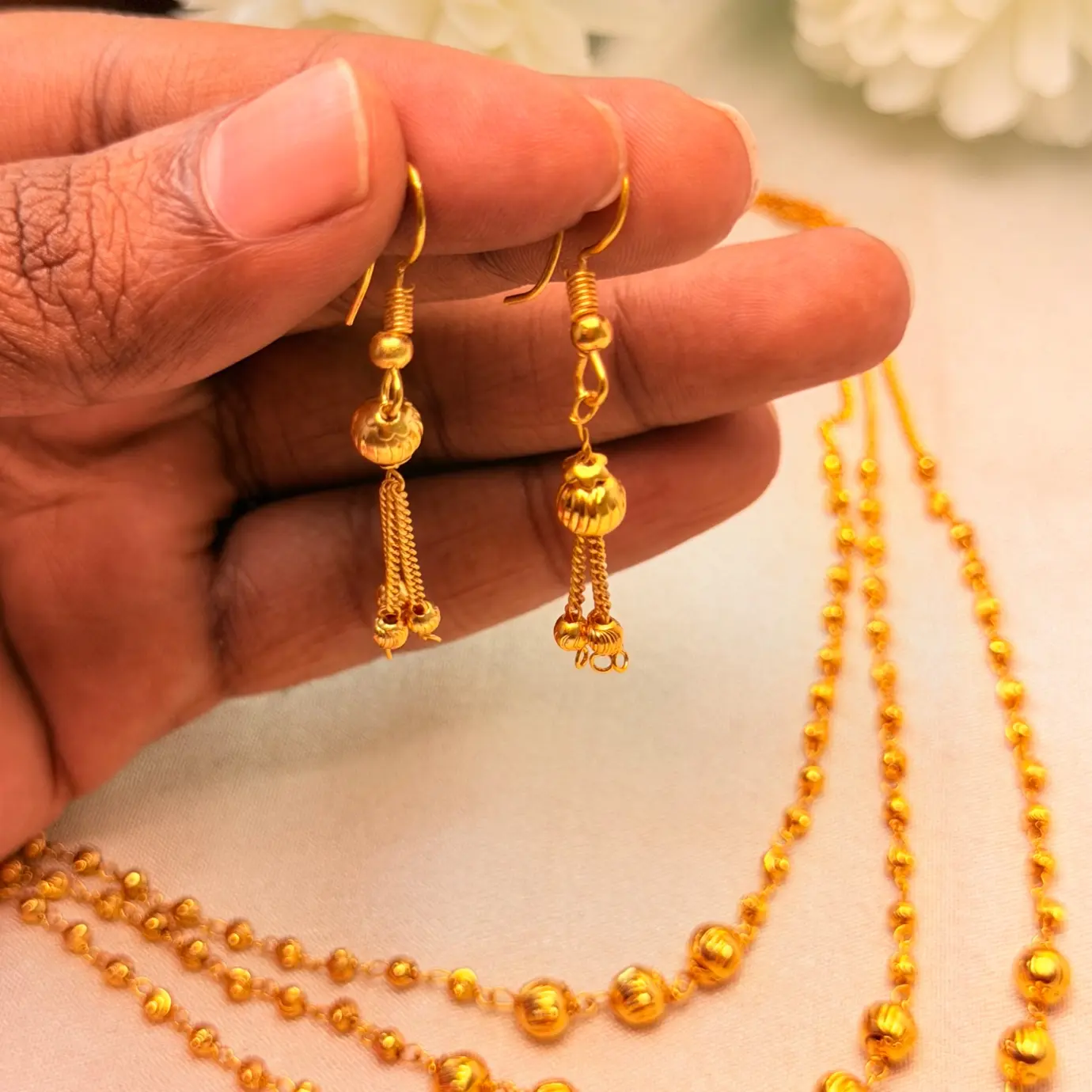 Gold Plated 3-Step Matar Mala / Triple-Layer Ball Chain Long Haram with Dangling Bead Earrings SJMH047