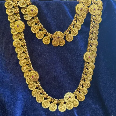 Antique Matte Gold 2-in-1 Lakshmi Kasu Combo Set (Short Kasu Necklace, Long Kasu Haram & Peacock Triple-Coin Earrings) SJSB023