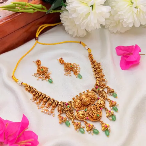 Antique Gold Nakshi Kalash & Lakshmi Medallion Temple Necklace Set with Mint Green Bead Drops and Matching Earrings SJSN069