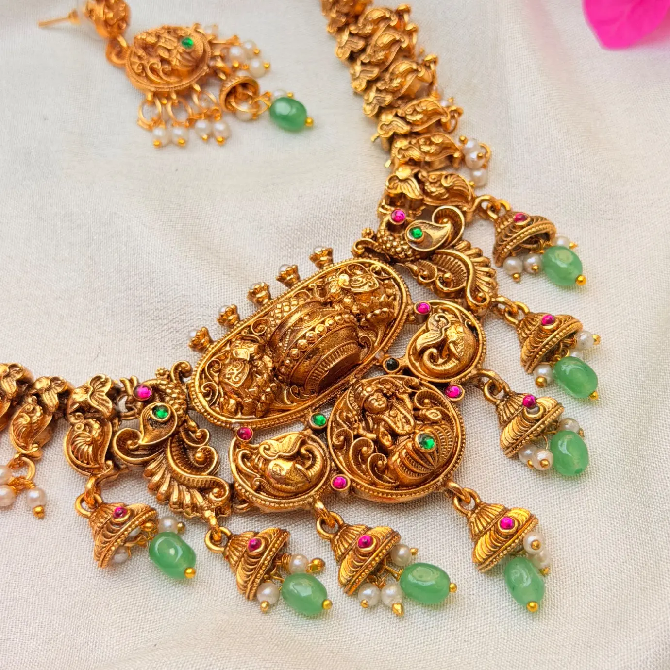 Antique Gold Nakshi Kalash & Lakshmi Medallion Temple Necklace Set with Mint Green Bead Drops and Matching Earrings SJSN069