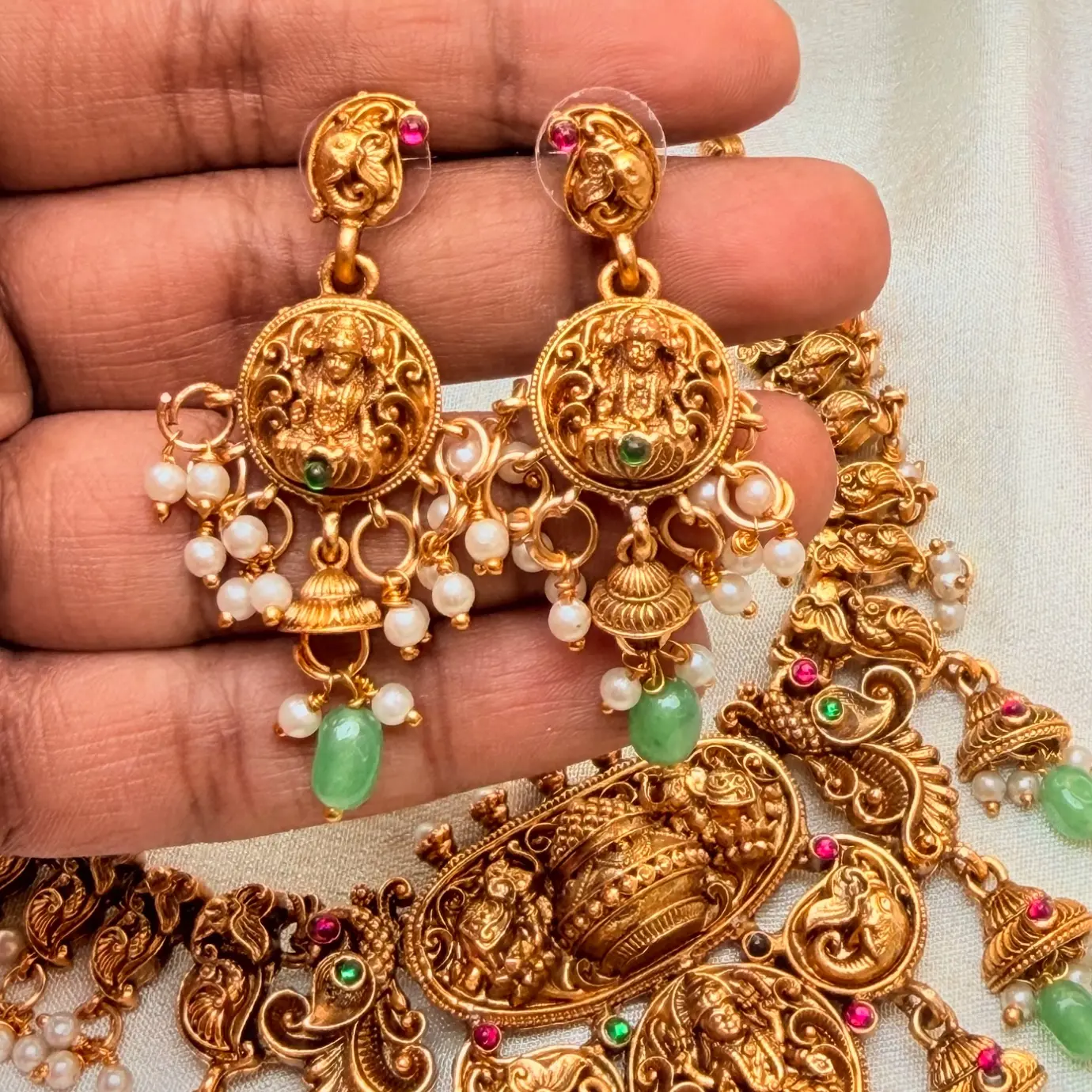 Antique Gold Nakshi Kalash & Lakshmi Medallion Temple Necklace Set with Mint Green Bead Drops and Matching Earrings SJSN069