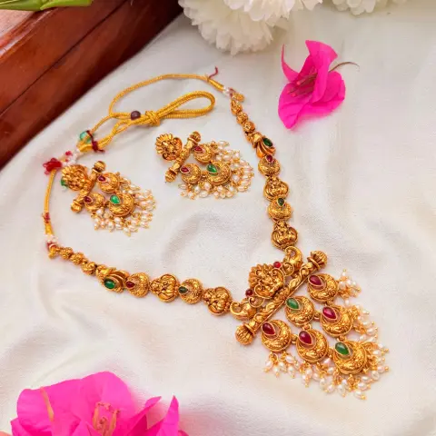 Antique Matte Gold Nakshi Goddess Lakshmi Pendant Haram with Chandbali Kemp Drops & Matching Pearl Earrings SJSN070