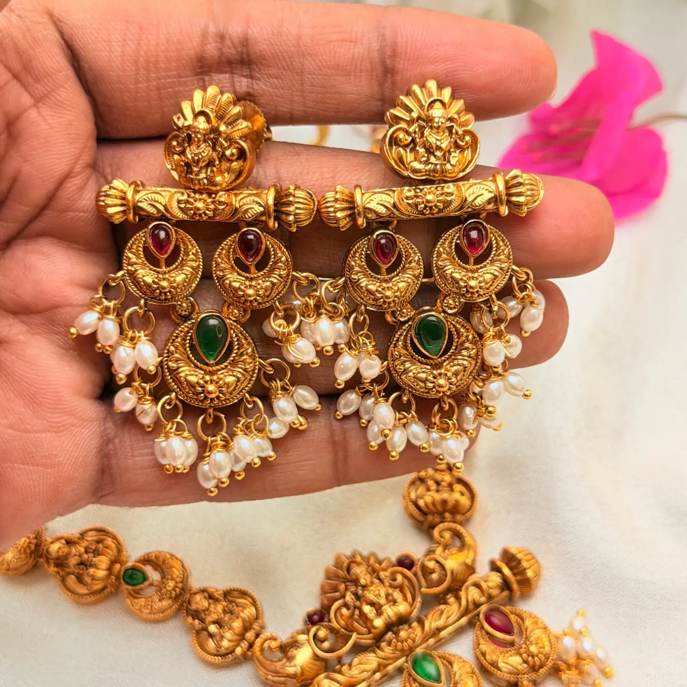 Antique Matte Gold Nakshi Goddess Lakshmi Pendant Haram with Chandbali Kemp Drops & Matching Pearl Earrings SJSN070