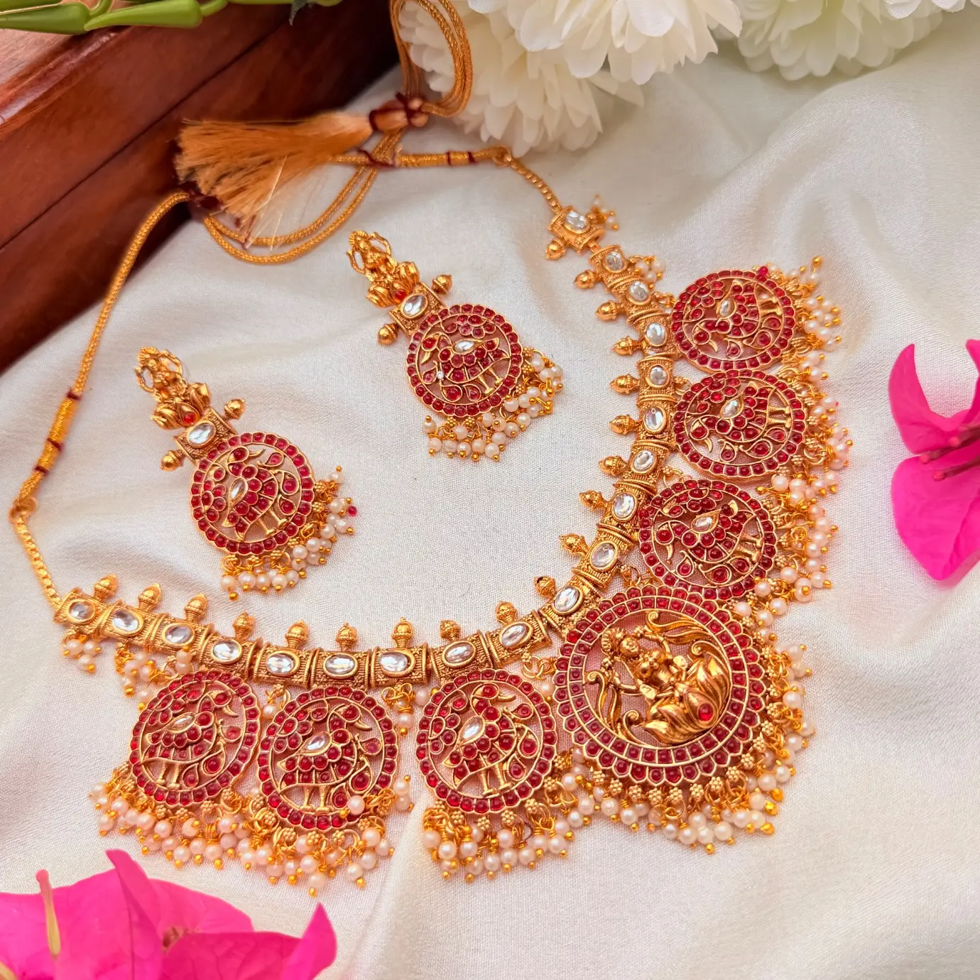 Antique Matte Gold Goddess Lakshmi & Mayuri Medallion Temple Necklace Set with Ruby Kemp Stones, Kundan Links & Pearl Cluster Drop Earrings SJSN072