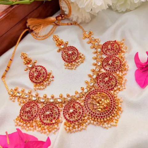 Antique Matte Gold Goddess Lakshmi & Mayuri Medallion Temple Necklace Set with Ruby Kemp Stones, Kundan Links & Pearl Cluster Drop Earrings SJSN072
