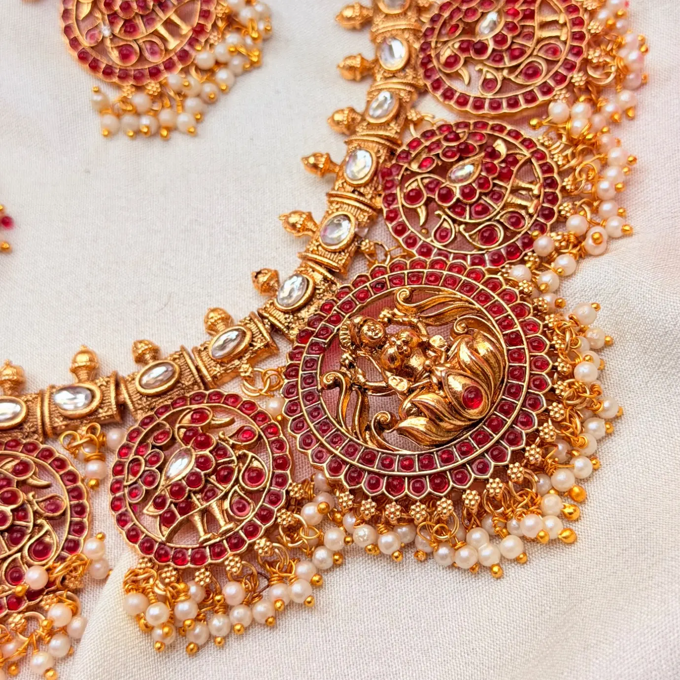 Antique Matte Gold Goddess Lakshmi & Mayuri Medallion Temple Necklace Set with Ruby Kemp Stones, Kundan Links & Pearl Cluster Drop Earrings SJSN072