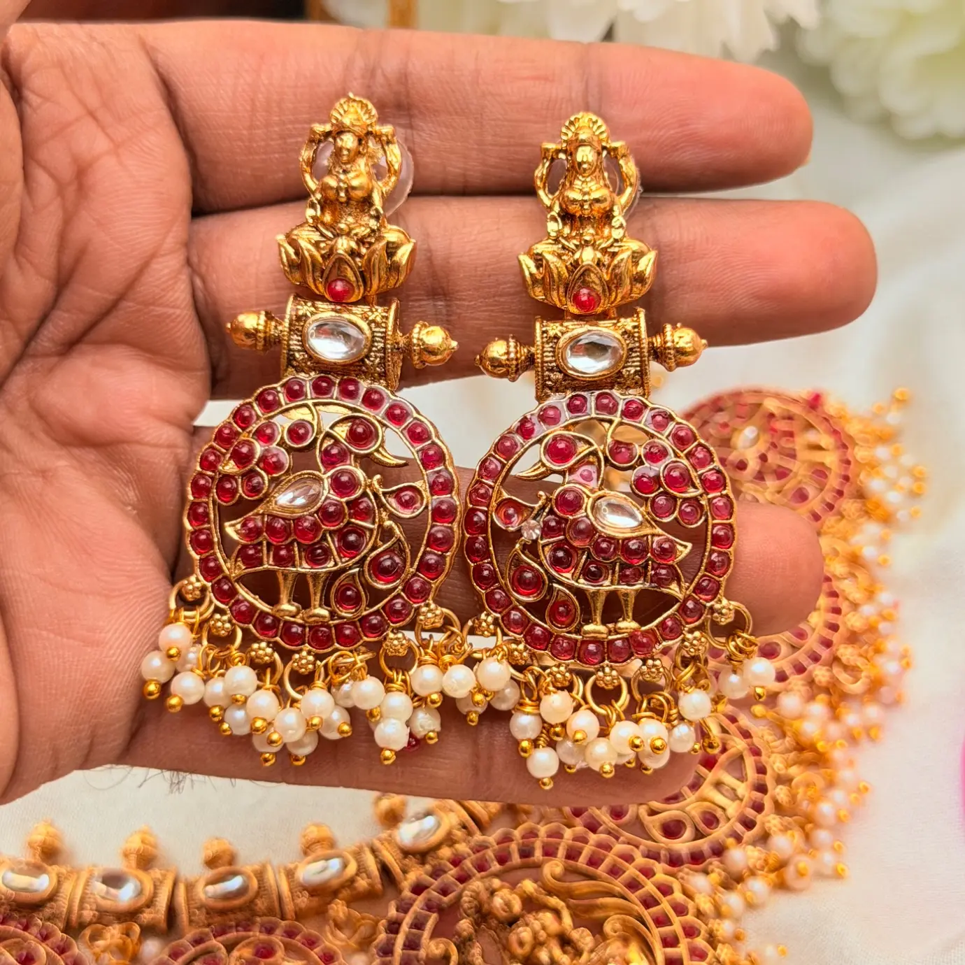 Antique Matte Gold Goddess Lakshmi & Mayuri Medallion Temple Necklace Set with Ruby Kemp Stones, Kundan Links & Pearl Cluster Drop Earrings SJSN072