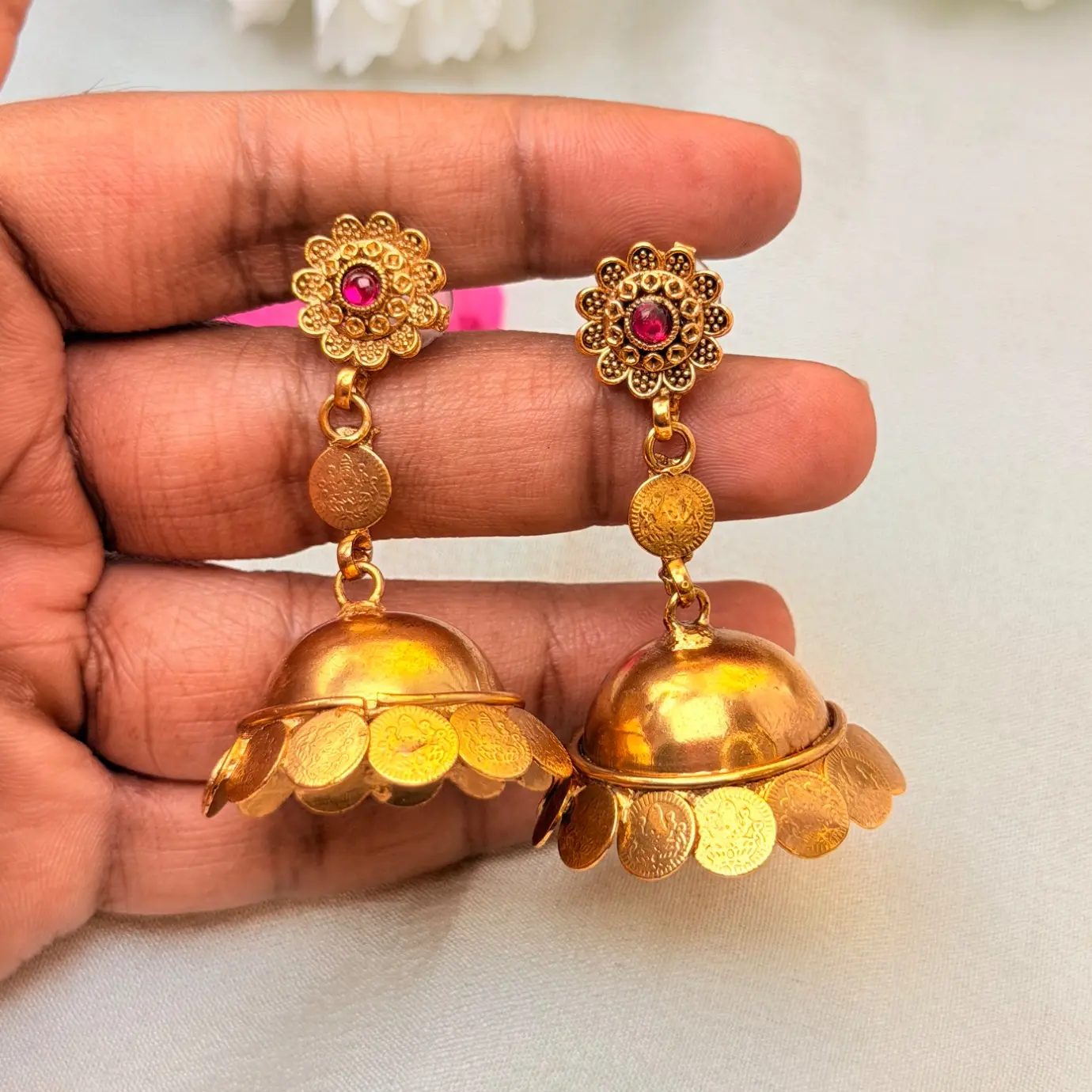 Antique Matte Gold Floral Stud Kasu Jhumki