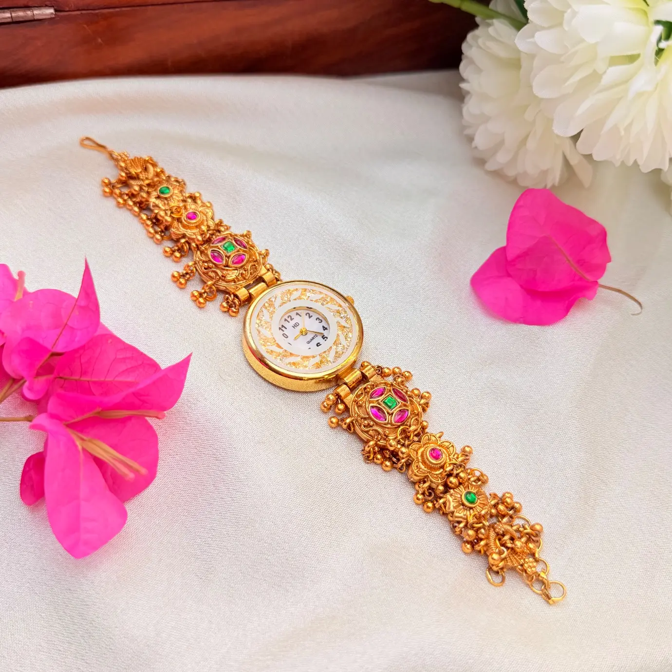 Antique Matte Gold Temple Bracelet Watch with Kemp Cabochon Nakshi Strap & Dangling Ghungroos