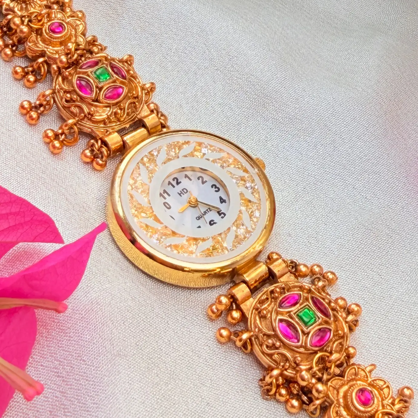 Antique Matte Gold Temple Bracelet Watch with Kemp Cabochon Nakshi Strap & Dangling Ghungroos