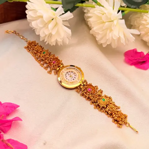 Antique Matte Gold Temple Bracelet Watch with Kemp Cabochon Nakshi Strap & Dangling Ghungroos