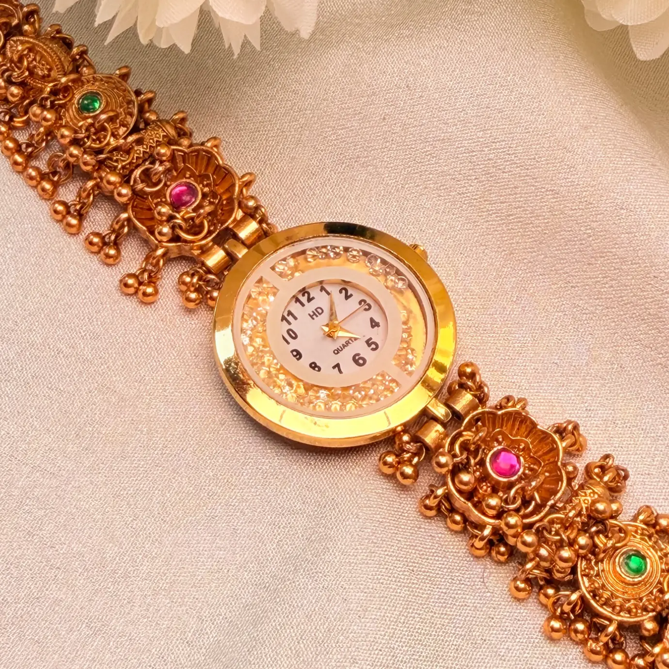 Antique Matte Gold Temple Bracelet Watch with Kemp Cabochon Nakshi Strap & Dangling Ghungroos