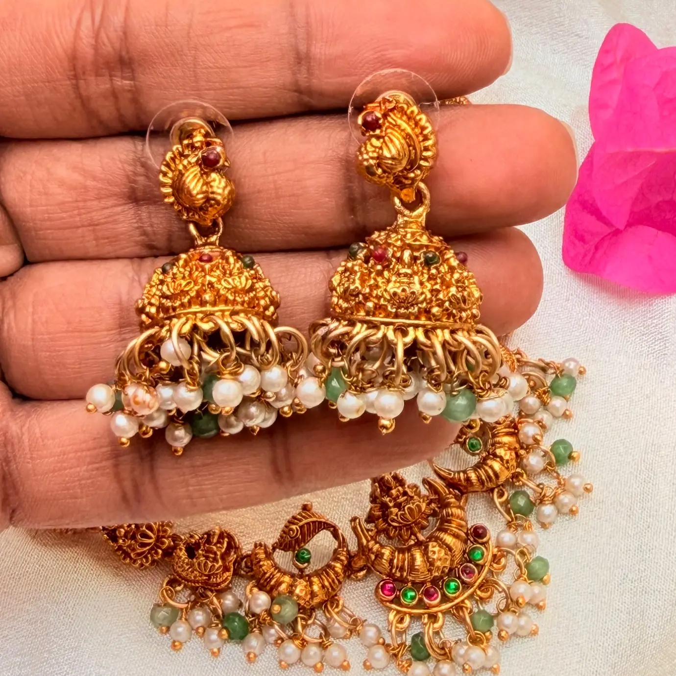 Gold Replica Antique Matte Lakshmi & Mayuri Nakshi Neckpiece with Kemp Stones, Emerald Beads & Pearl Cluster Jhumkis SJSN073