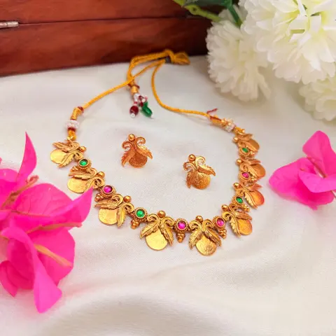 Antique Matte Gold Mayuri Kasu Mala / Short Mango Coin Necklace with Ruby-Emerald Kemp Stones & Matching Studs SJSN074