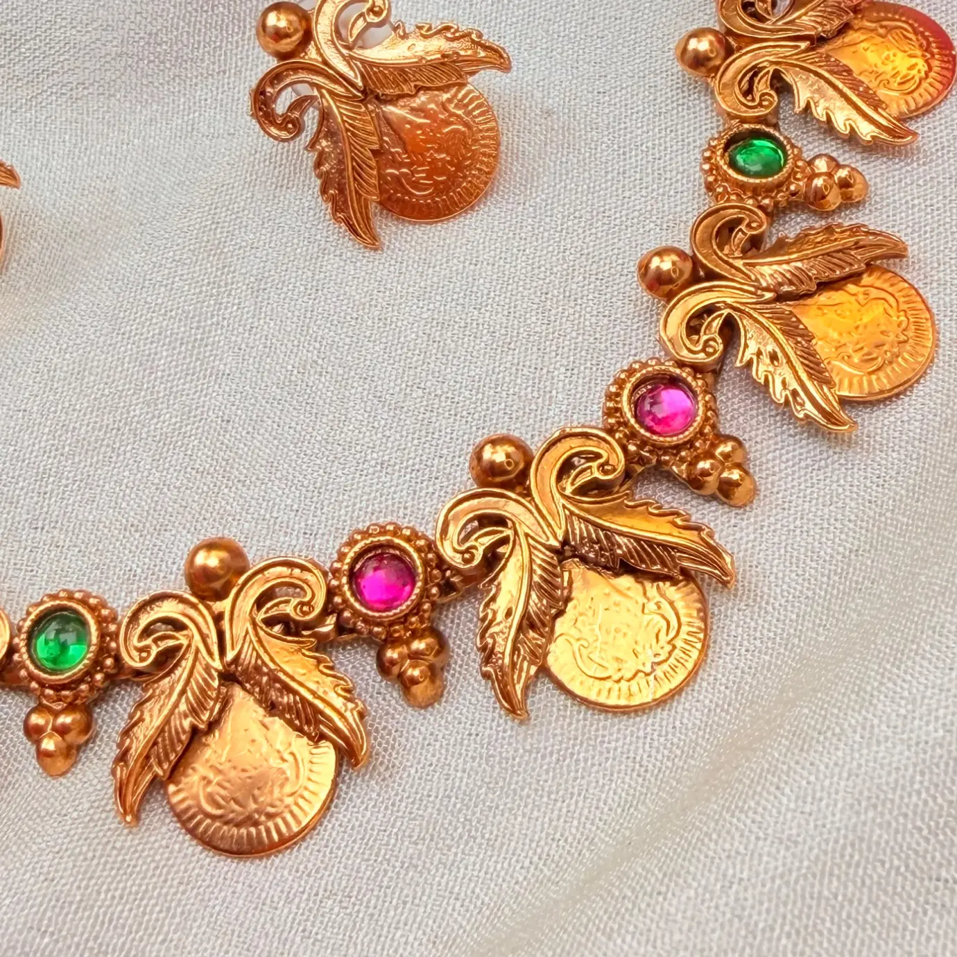 Antique Matte Gold Mayuri Kasu Mala / Short Mango Coin Necklace with Ruby-Emerald Kemp Stones & Matching Studs SJSN074
