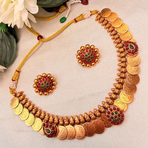 Antique Matte Gold Lakshmi Kasu Mala Short Neckpiece with Mango/Flower Kemp Medallions & Floral Cluster Stud Earrings SJSN076
