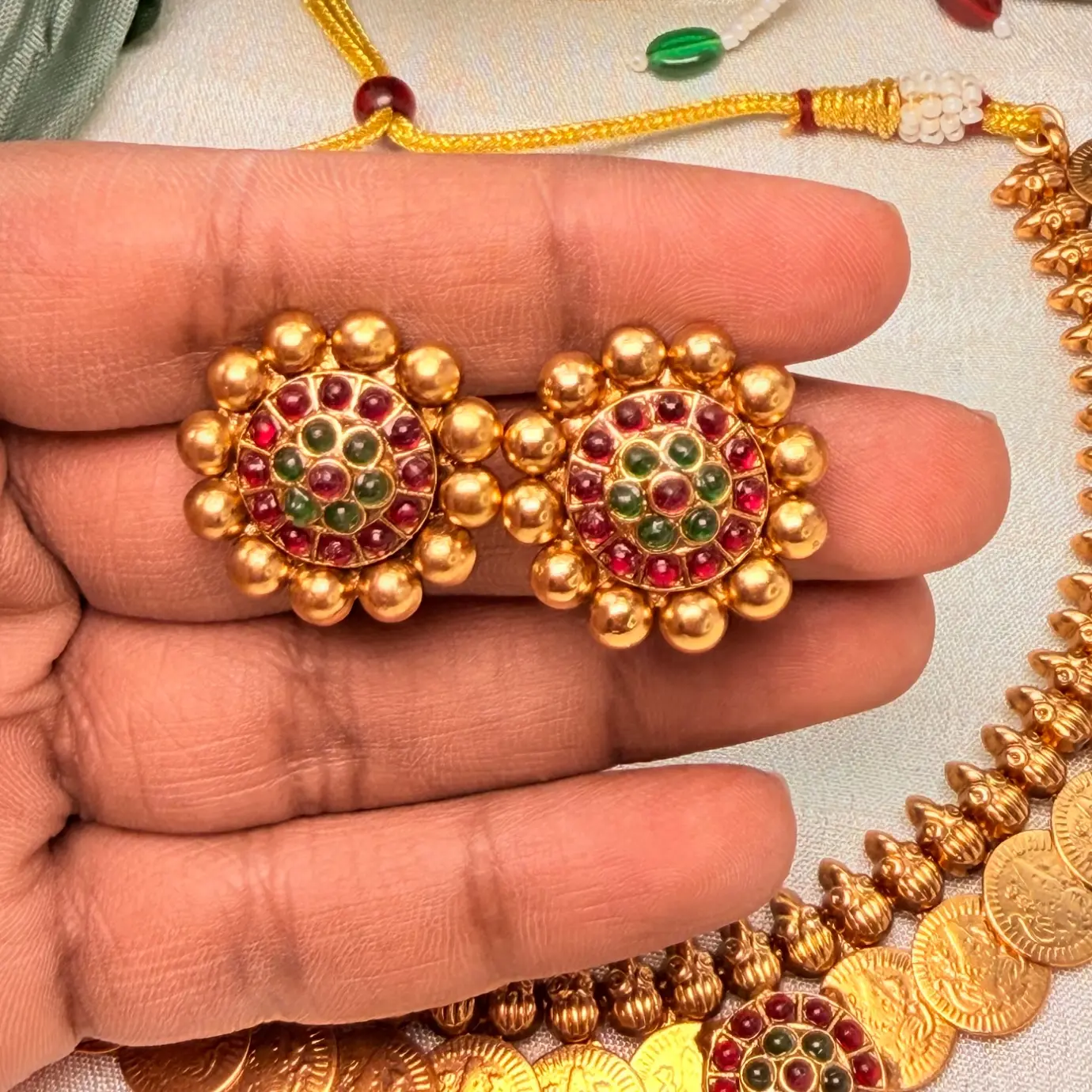 Antique Matte Gold Lakshmi Kasu Mala Short Neckpiece with Mango/Flower Kemp Medallions & Floral Cluster Stud Earrings SJSN076