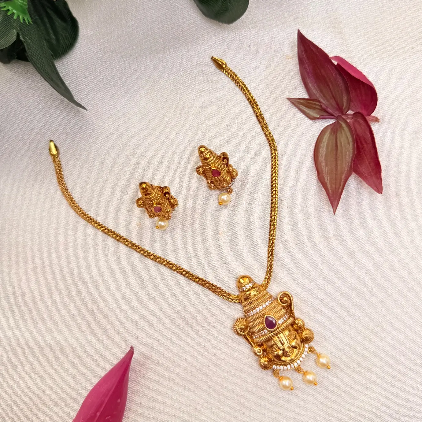Tirupati Lord Balaji / Srinivasa Pendant Chain with American Diamond Accents, Ruby Kemp Stone & Matching Earrings SJSN078