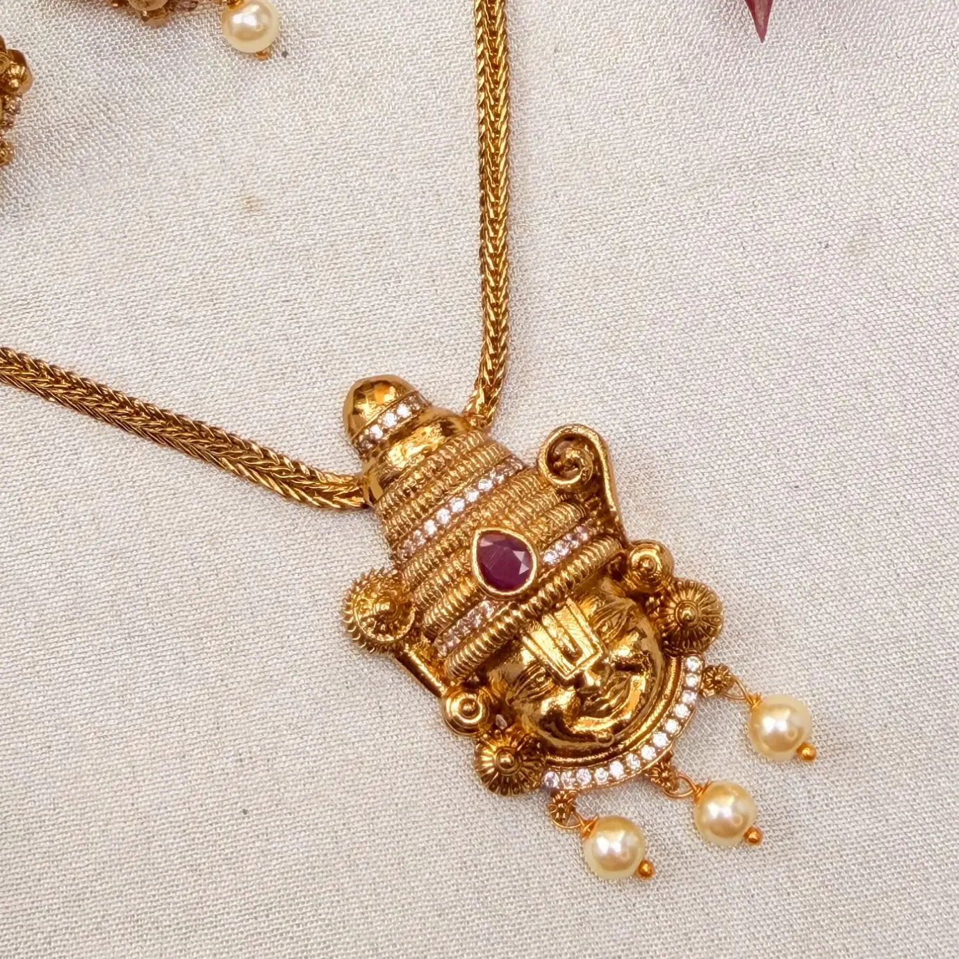 Tirupati Lord Balaji / Srinivasa Pendant Chain with American Diamond Accents, Ruby Kemp Stone & Matching Earrings SJSN078