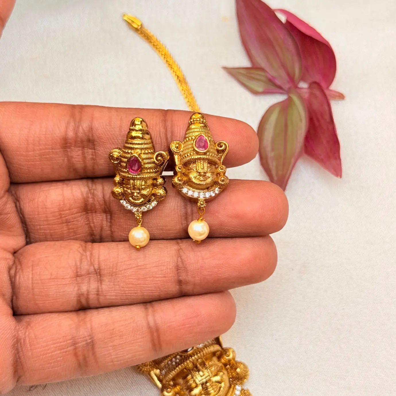 Tirupati Lord Balaji / Srinivasa Pendant Chain with American Diamond Accents, Ruby Kemp Stone & Matching Earrings SJSN078