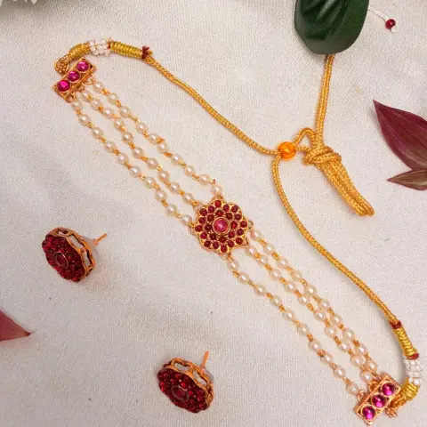 Multi-Strand Pearl Choker with Ruby Kemp Floral Brooch & Matching Kemp Studs SJSN079