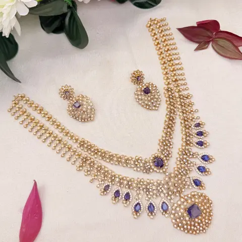 Dual-Layer CZ & Tanzanite-Purple Gemstone Semi-Bridal Neckpiece Combo with Matching Floral Drop Earrings SJAD040