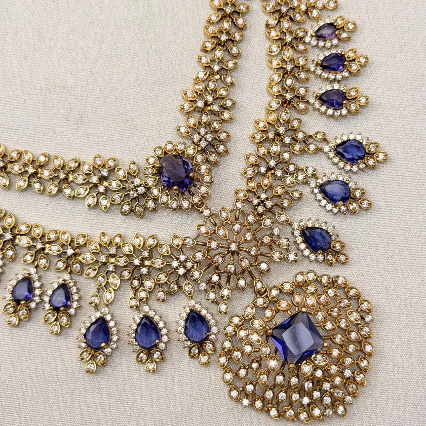 Dual-Layer CZ & Tanzanite-Purple Gemstone Semi-Bridal Neckpiece Combo with Matching Floral Drop Earrings SJAD040