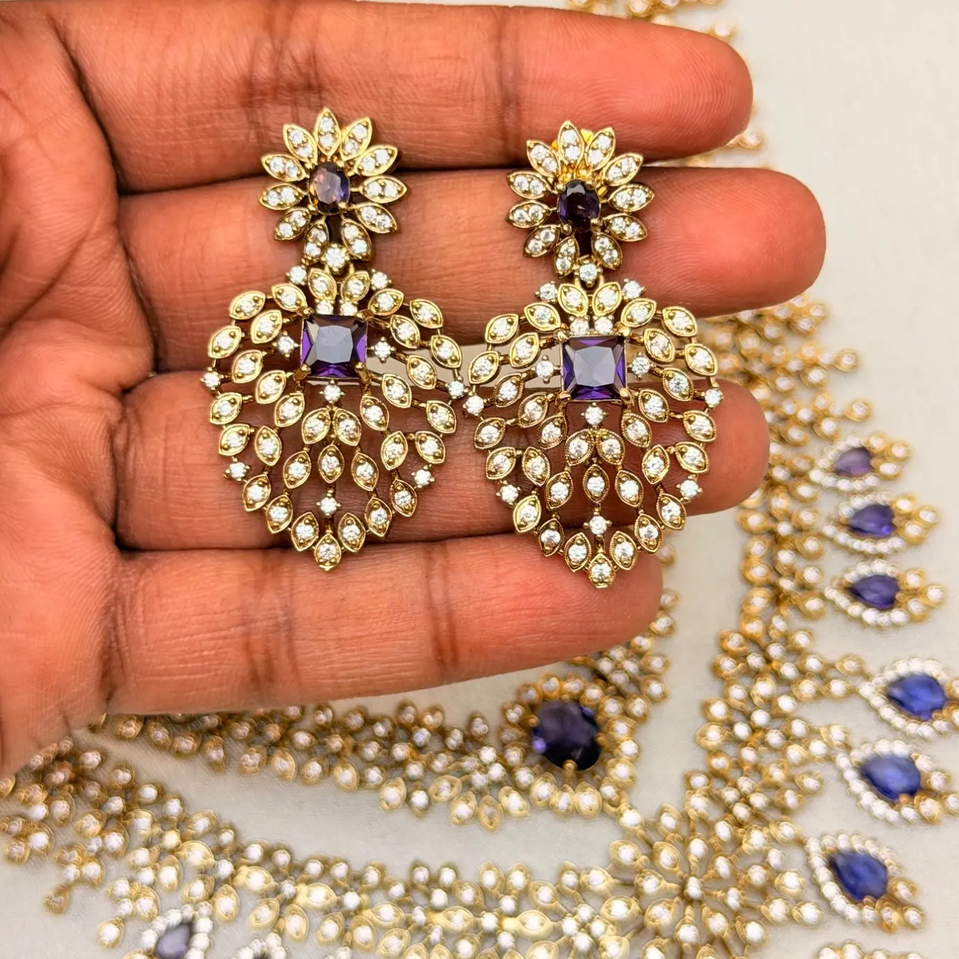 Dual-Layer CZ & Tanzanite-Purple Gemstone Semi-Bridal Neckpiece Combo with Matching Floral Drop Earrings SJAD040