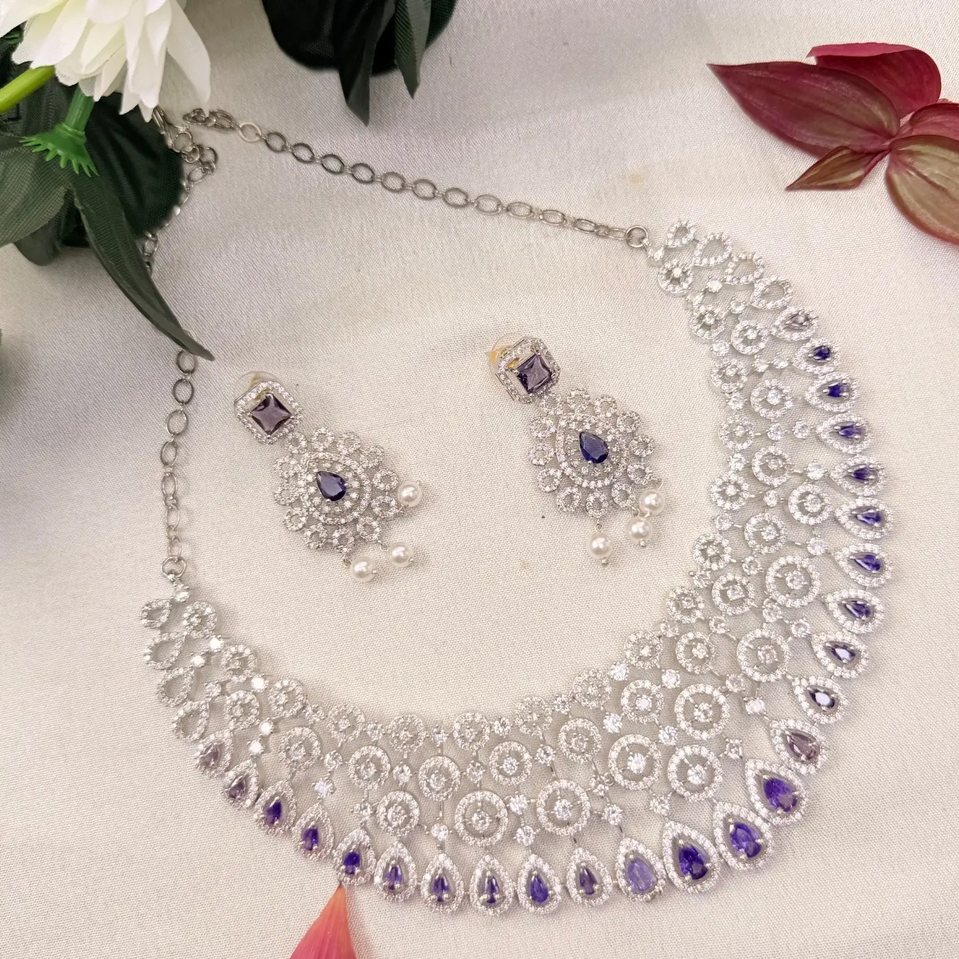Rhodium / Silver Finish Multi-Tiered Cubic Zirconia & Purple Sapphire-Tone Lattice Bridal Necklace with Pearl Accent Earrings SJAD042
