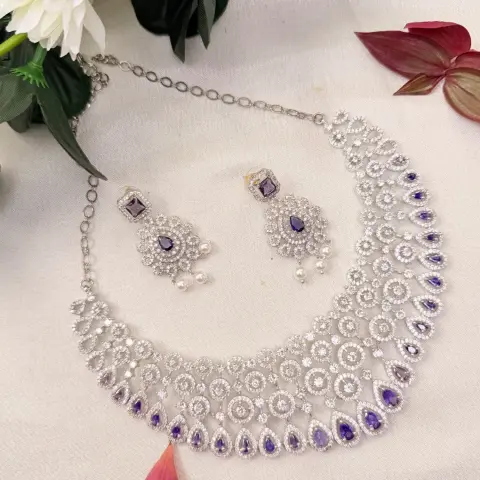 Rhodium / Silver Finish Multi-Tiered Cubic Zirconia & Purple Sapphire-Tone Lattice Bridal Necklace with Pearl Accent Earrings SJAD042
