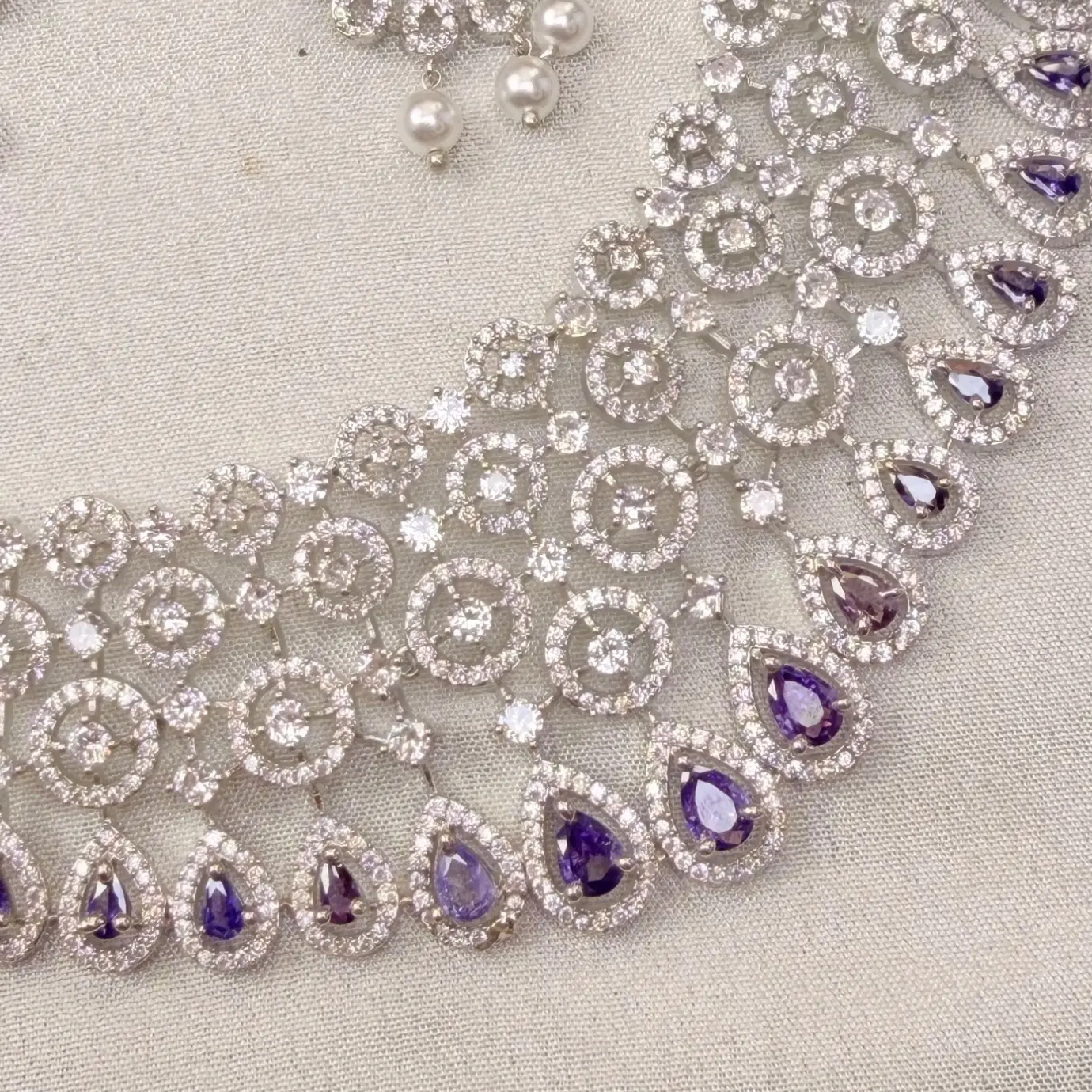 Rhodium / Silver Finish Multi-Tiered Cubic Zirconia & Purple Sapphire-Tone Lattice Bridal Necklace with Pearl Accent Earrings SJAD042