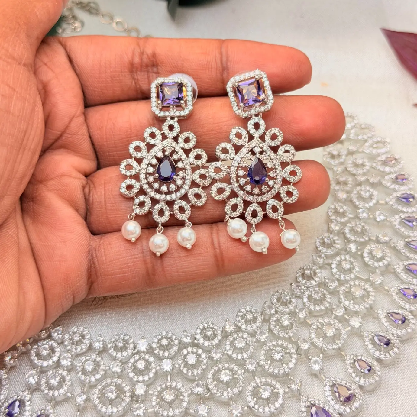 Rhodium / Silver Finish Multi-Tiered Cubic Zirconia & Purple Sapphire-Tone Lattice Bridal Necklace with Pearl Accent Earrings SJAD042