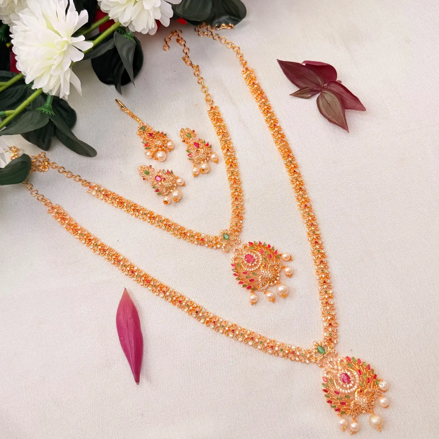 Gold Replica Matte Antique Mayuri (Peacock) Bridal Combo – Short & Long Neckpiece, Matching Earrings & Maang Tikka with Ruby-Emerald Kemp Stones & Pearl Drops SJAD043
