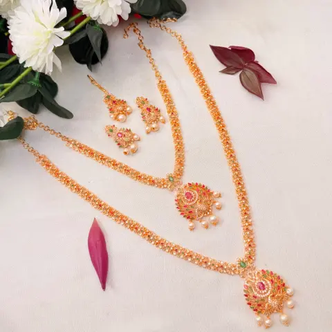 Gold Replica Matte Antique Mayuri (Peacock) Bridal Combo – Short & Long Neckpiece, Matching Earrings & Maang Tikka with Ruby-Emerald Kemp Stones & Pearl Drops SJAD043