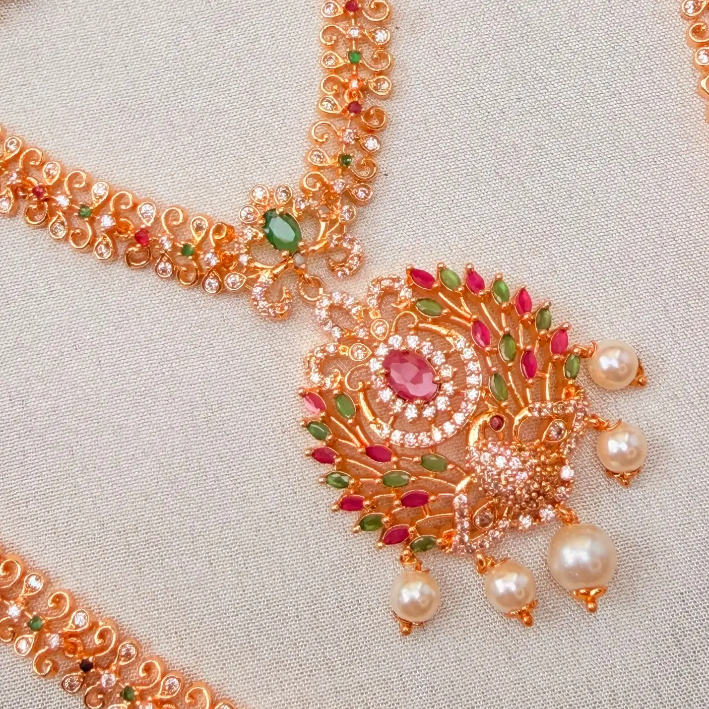 Gold Replica Matte Antique Mayuri (Peacock) Bridal Combo – Short & Long Neckpiece, Matching Earrings & Maang Tikka with Ruby-Emerald Kemp Stones & Pearl Drops SJAD043